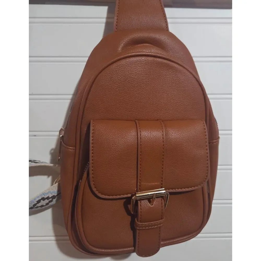 Brown Faux Leather Western Aztec Crossbody Bag Chest Pack Strap